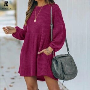 Ribbed Bishop Sleeve Dresss